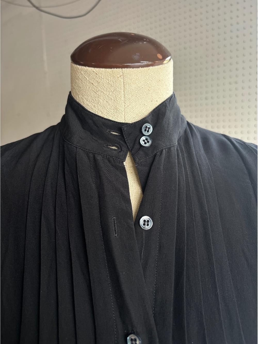 Vintage Black Long Sleeve Pleated Button-Up Blouse with Stand Collar